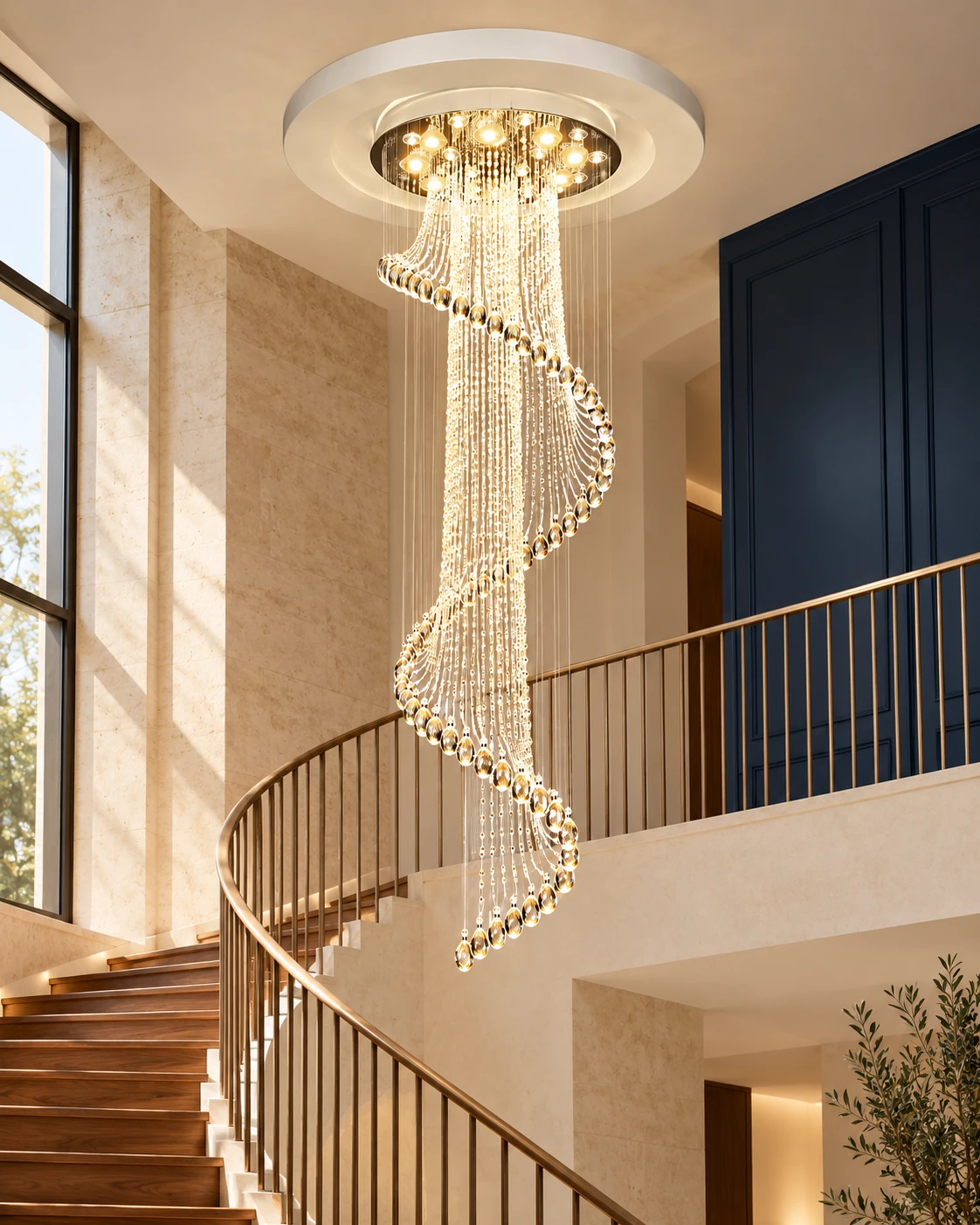 Spiral Crystal Stairwell Chandelier in a warm stone and navy stairwell