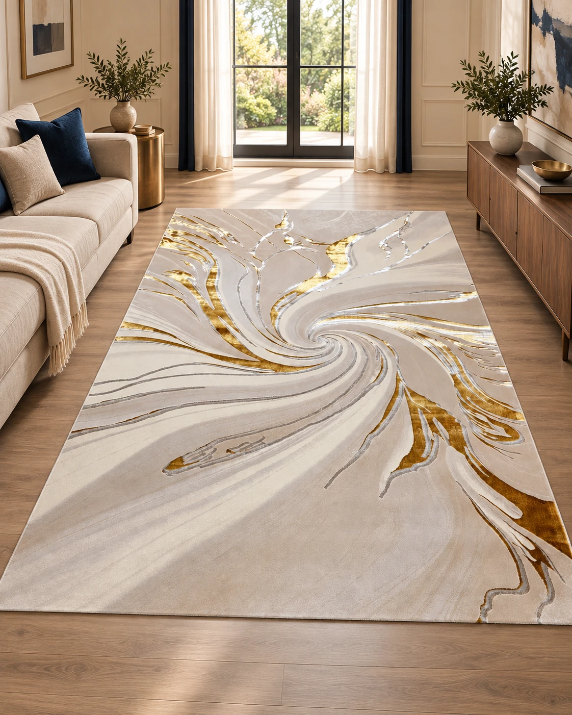 Beige and Gold Spiral Swirl Rug in a coordinated cream, walnut and navy living room