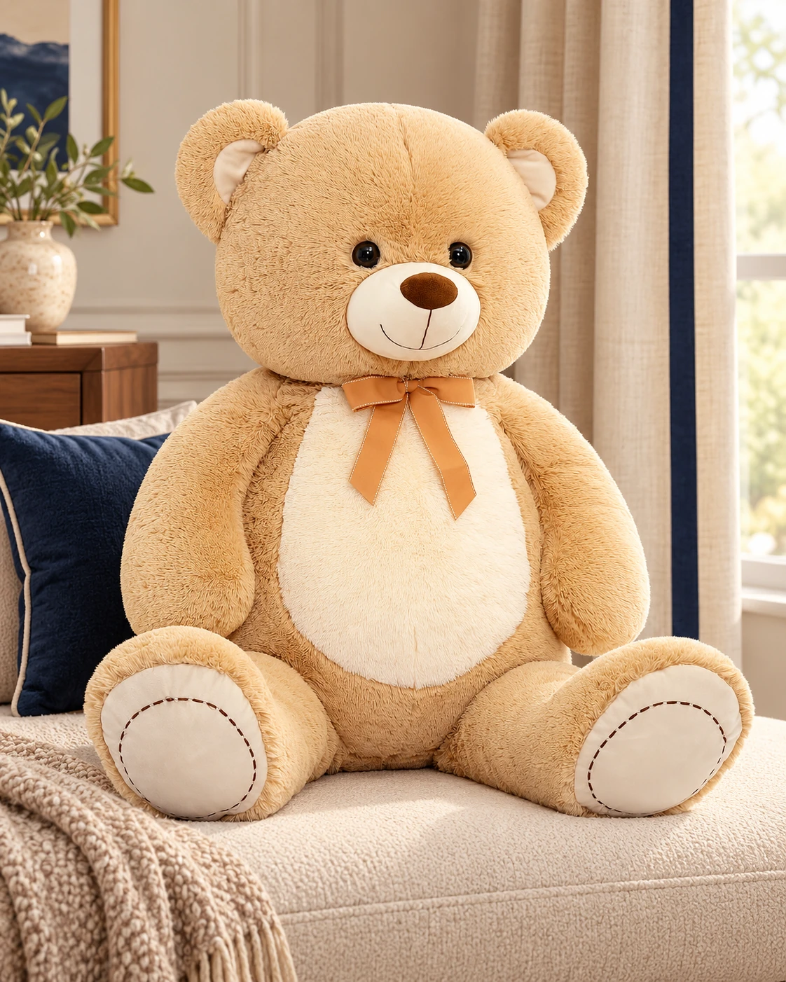 Honey Beige Neckerchief Teddy Bear in a cream and navy reading corner