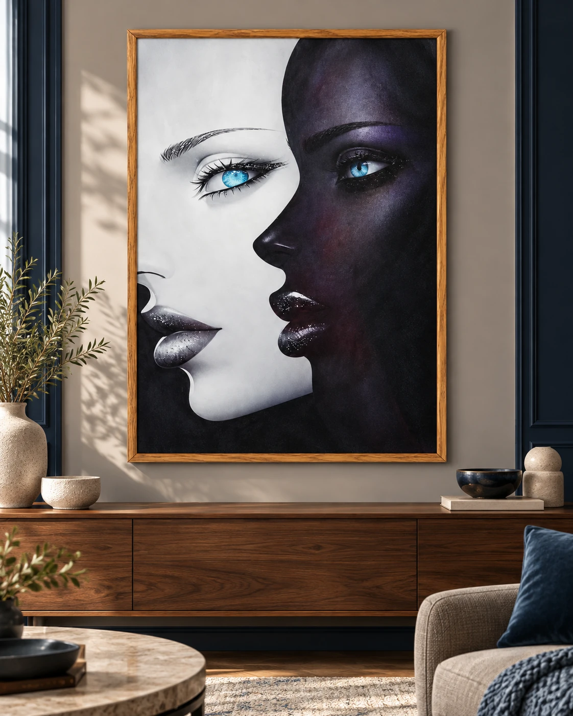 Contrasting Faces Wall Art styled with navy, warm grey and walnut