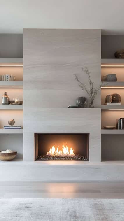 Home decor arrangement with fireplace and styled shelves