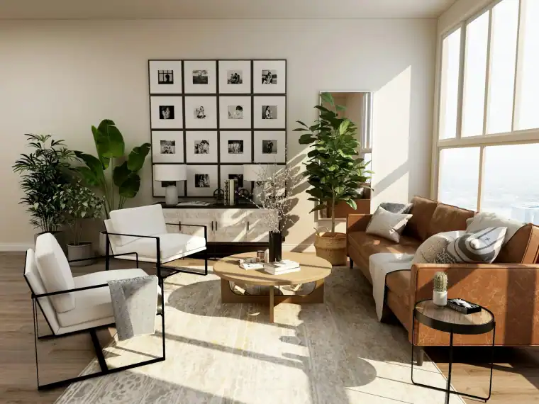 Elegant home interior styled with furniture, rugs, lighting, and decor