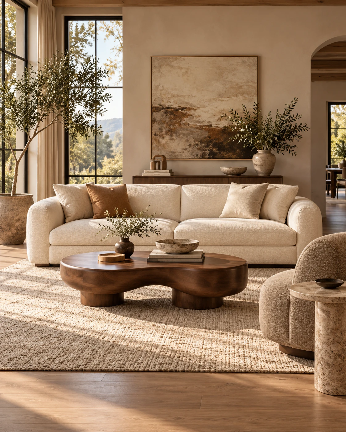 Cream sofa with walnut coffee table and contemporary accent chair