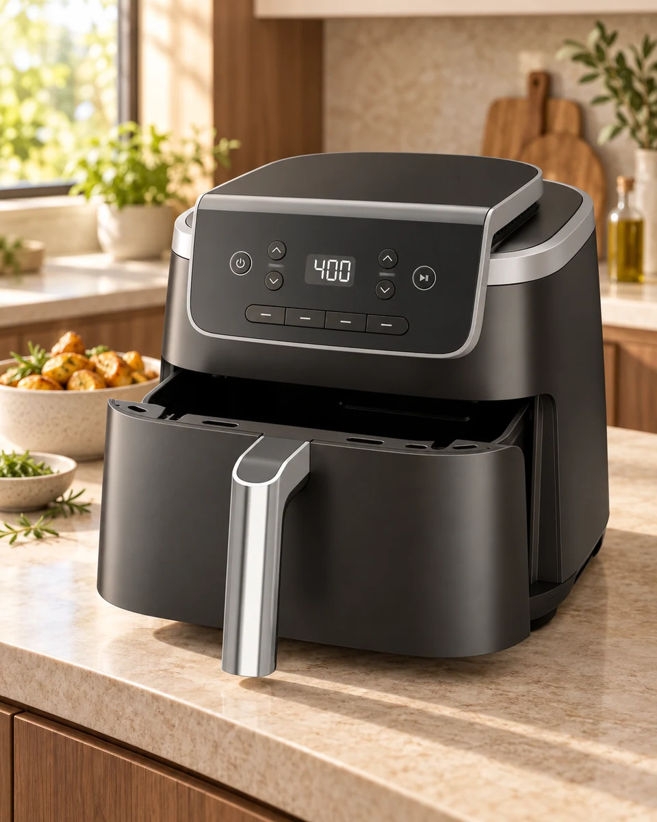Black countertop air fryer in a coordinated kitchen